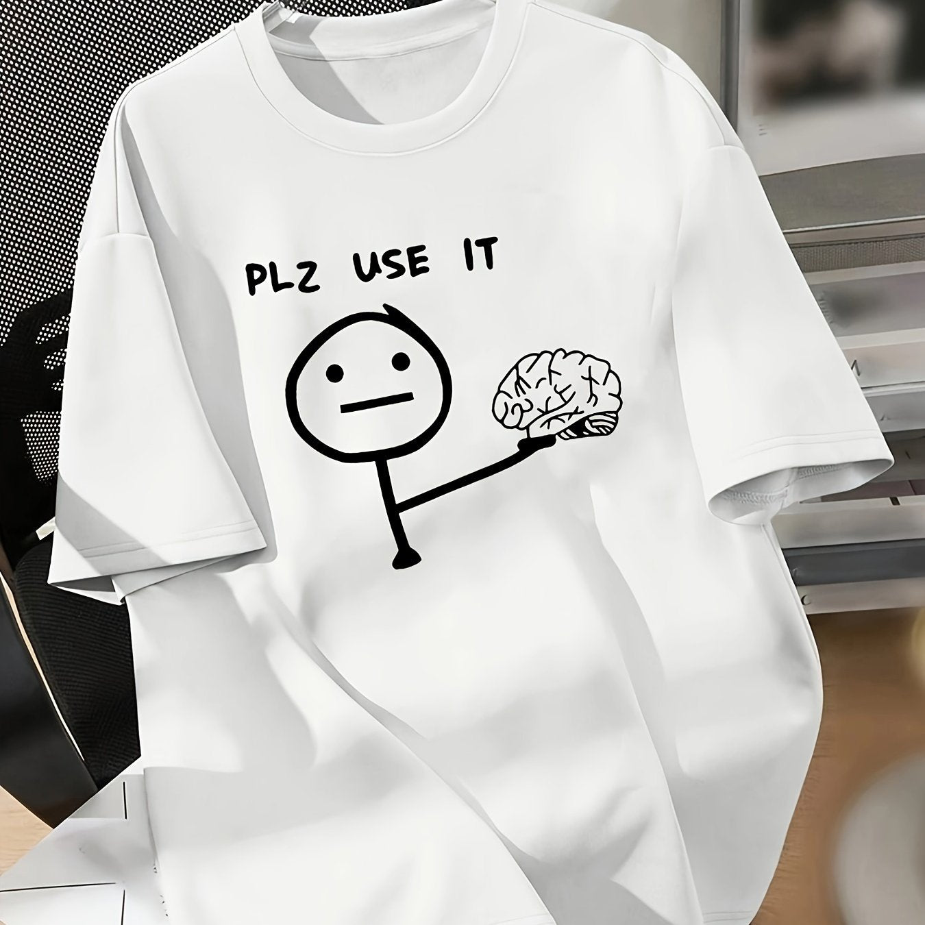 Women's Casual Graphic T-Shirt with "Plz Use It" Cartoon Brain Design Short Sleeve Crew Neck Polyester Spandex Relaxed Fit