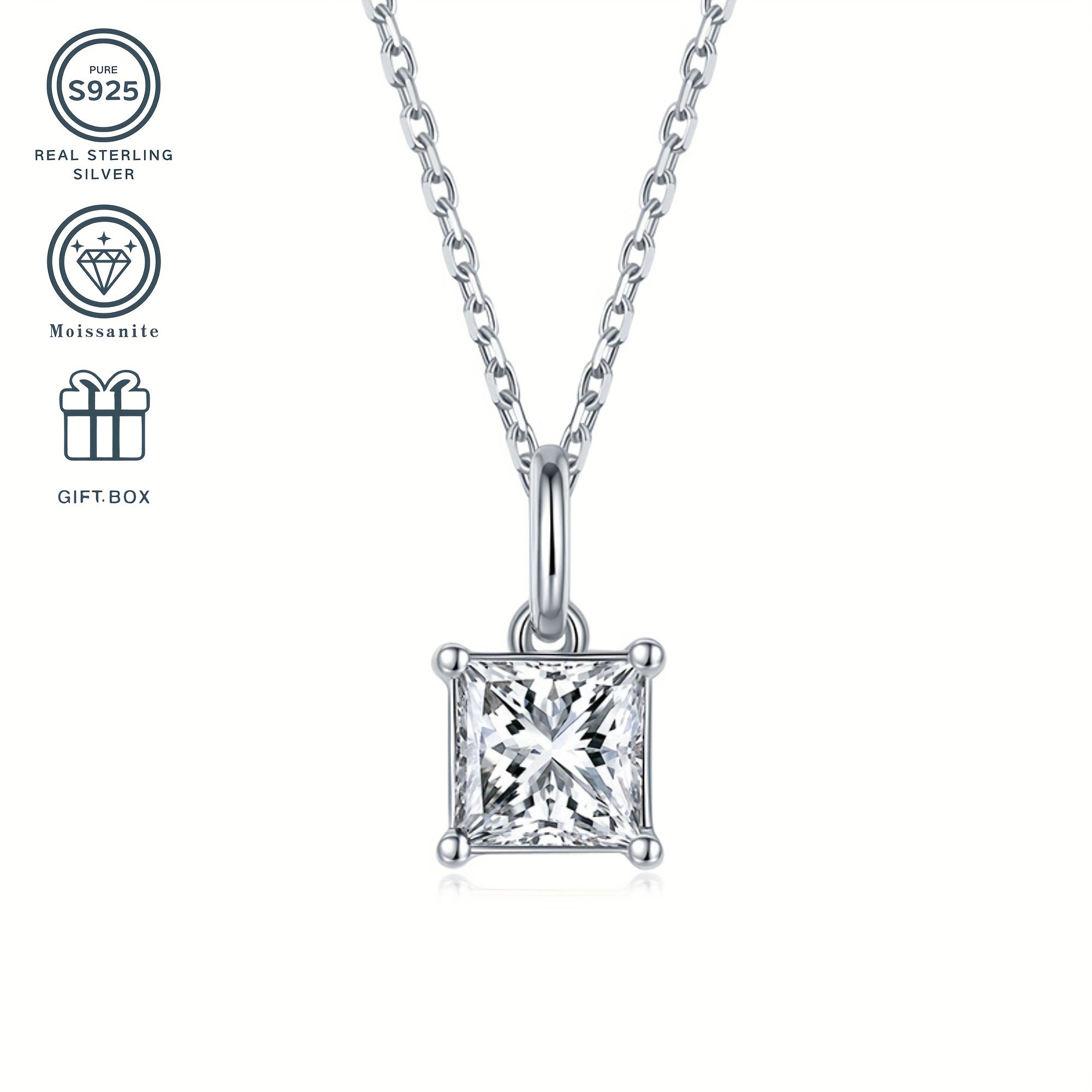 Sterling Silver Moissanite Jewelry Set Square Pendant Stud Earrings Wedding Birthday Gift
