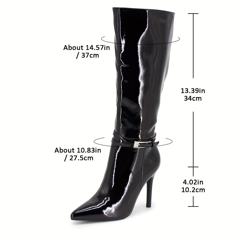 Women's Leather High Heel Knee High Boots Pointed Toe Zipper Buckle