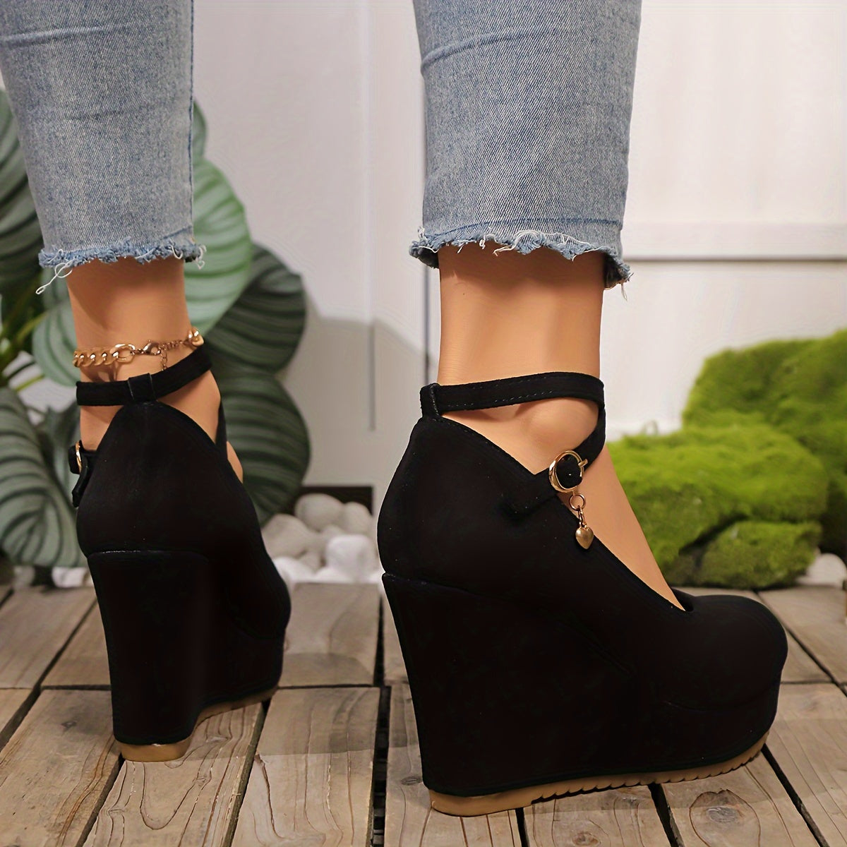 Women's Black Wedge Heels with Ankle Strap Platform High Heel All-Season