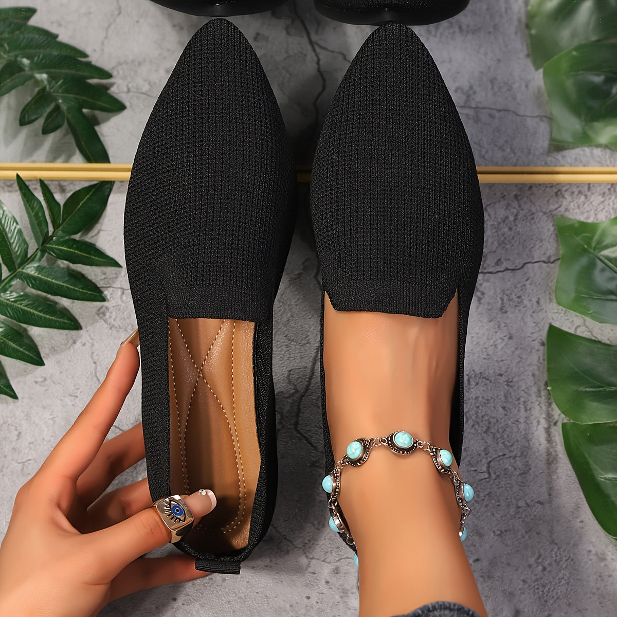 Women’s Slip-On Knit Pointed Toe Shoes Breathable Fabric All-Season Comfort