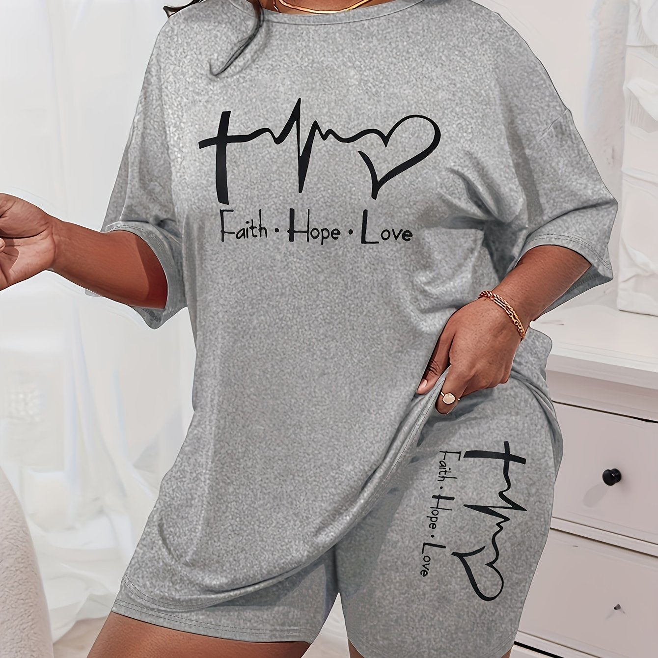 Plus Size Lounge Set Womens Short Sleeve Heart Graphic Sleepwear Two Piece