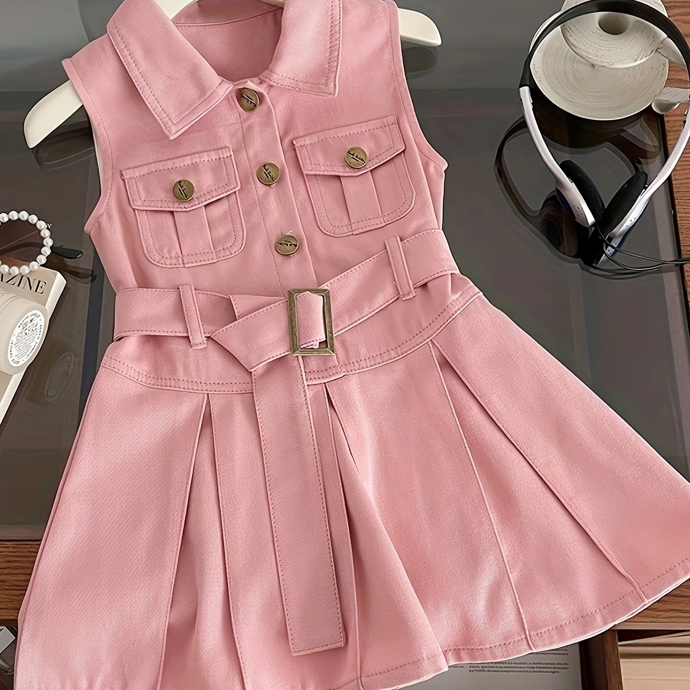 Girls Summer Denim Skirt Knee Length Sleeveless Waist-Cinched Collar Casual Non-Stretch