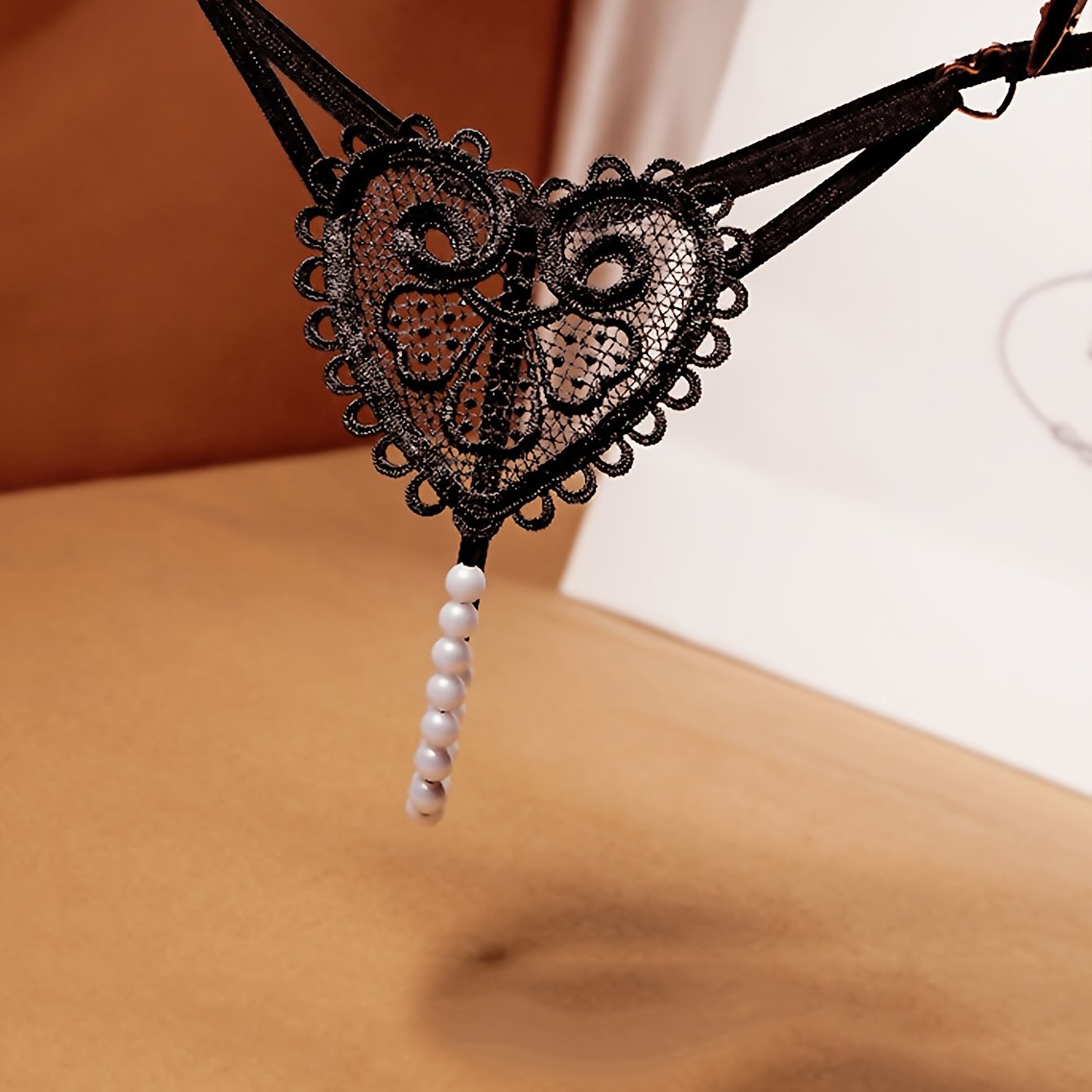 Women's Low Waist Pearl Thong with Heart-Shaped Hollow Out Design Soft Breathable Lingerie