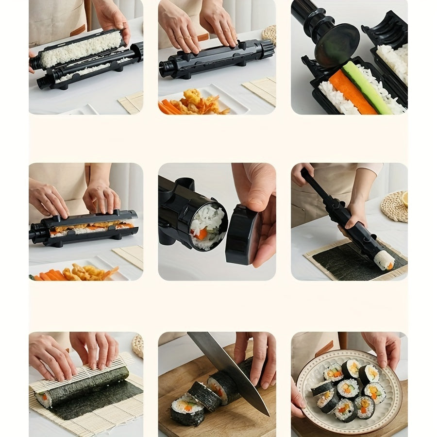DIY sushi tayyorlash uchun asboblar, shu jumladan dumaloq quvurli sushi qolipi.