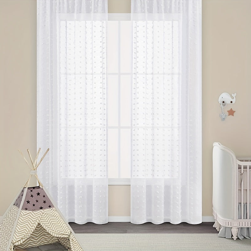 White Sheer Curtain with Grommet Top and Pom Pom Tufting 213cm for Bedroom Living Room Office