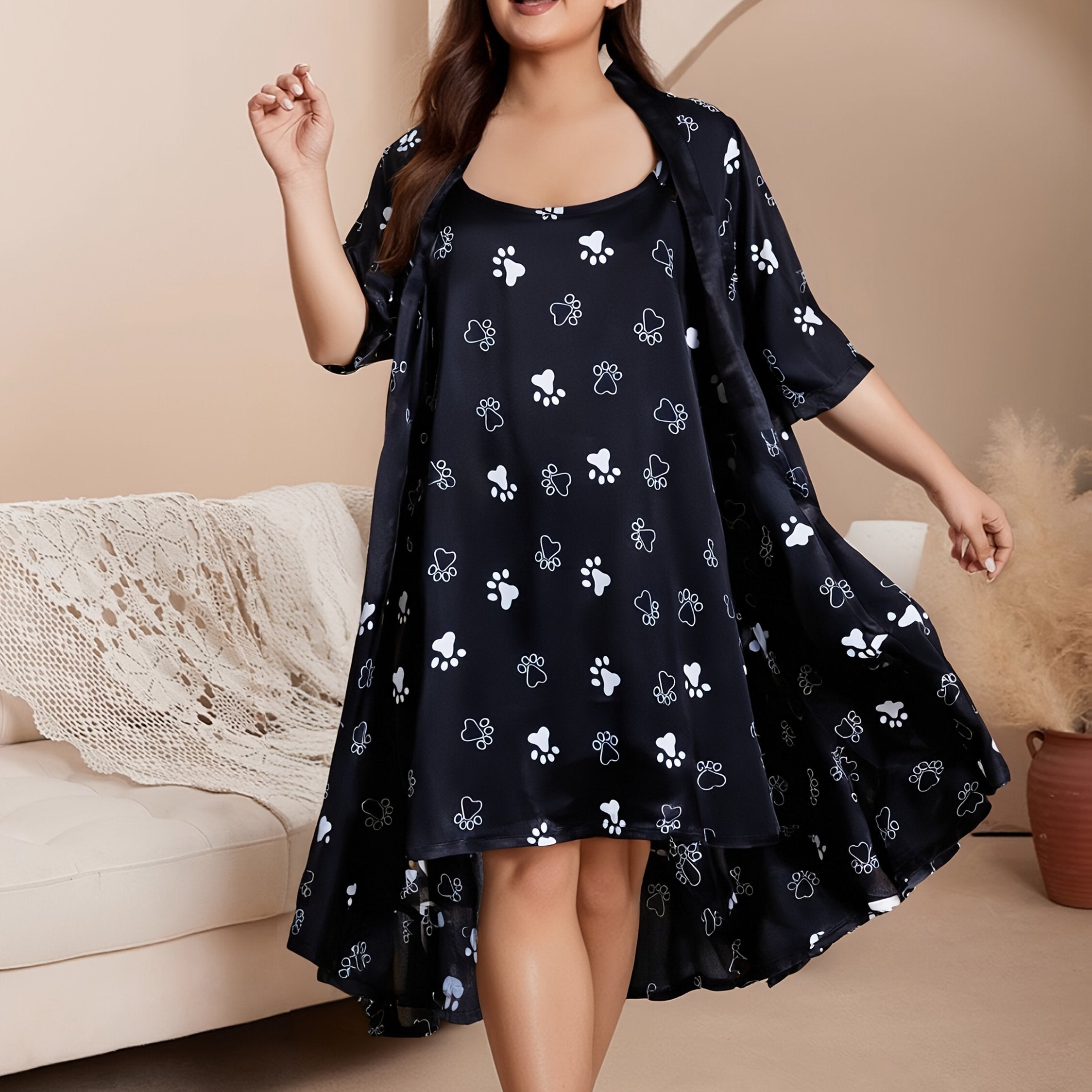 Plus Size Satin Leopard Print Pajama Set with Robe and Cami Dress