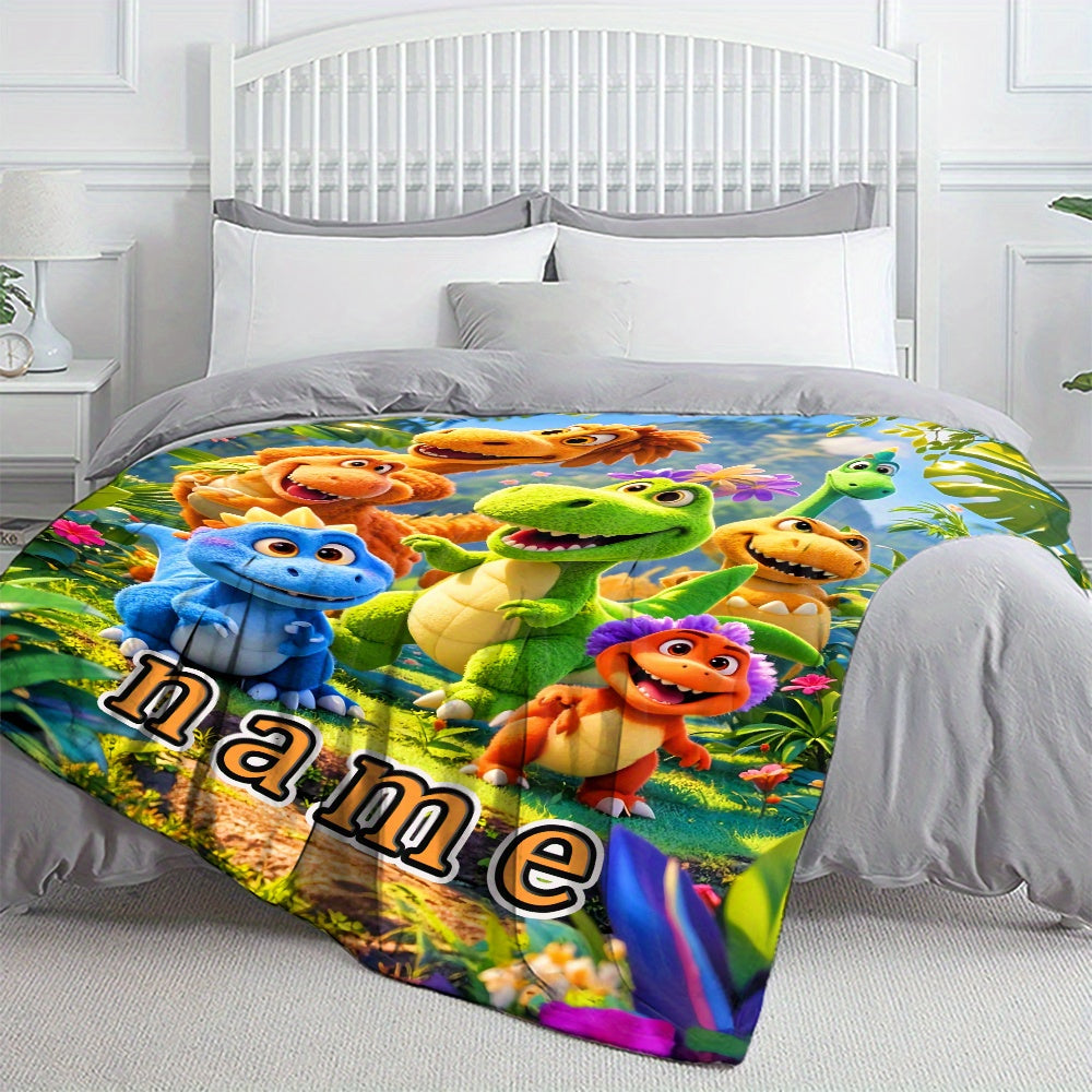 Personalized Fleece Blanket with Custom Name and Cartoon Dinosaur Print Lightweight Flannel Throw for Sofa Bed Travel Living Room Office