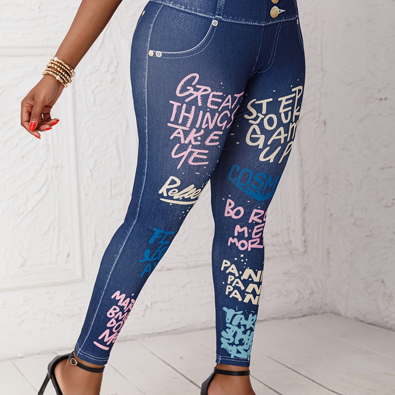 Plus Size Women's Denim Leggings High-Waisted Stretchy Workout All-Season