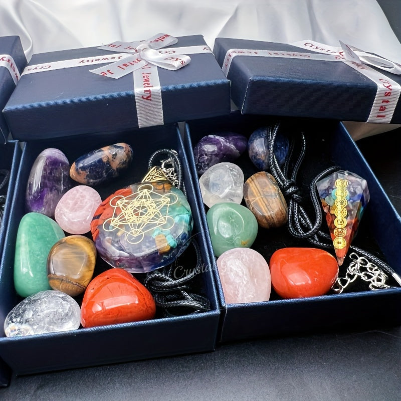 Set of 8 Natural Stone Pendants with Necklace Gift Box for Men and Women