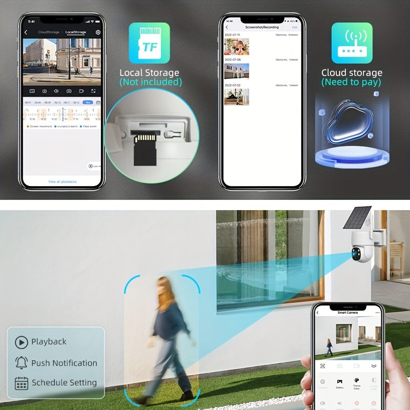 Ulanmagan quyosh energiyali xavfsizlik kamerası 1440p 360° ko‘rish kechqurun ko‘rish harakatni aniqlash PTZ suv o'tkazmaydigan