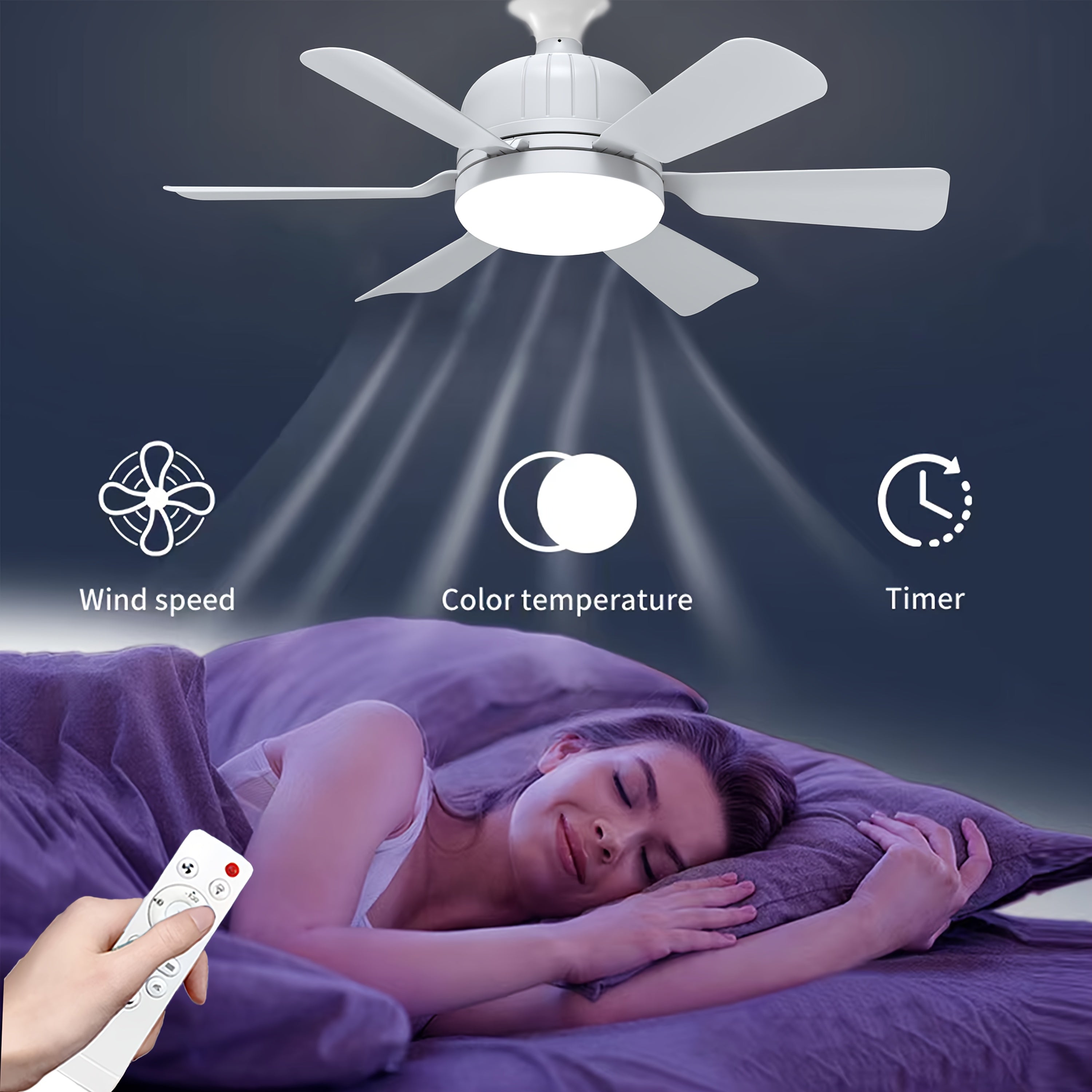 46cm shovqinsiz shiftli tavan fanati LED chiroq bilan, 6 pichoq, masofadan boshqarish, sozlanadigan oq rang, ichki foydalanish