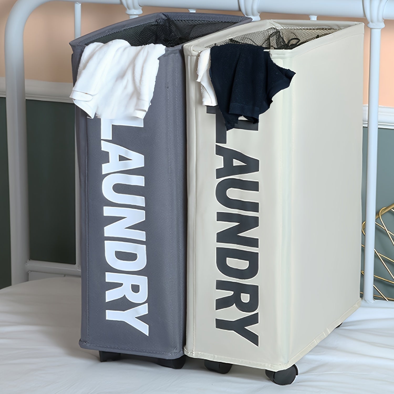 Современная серая корзина для белья на колесах с ручкой, высокий узкий дизайн, складная корзина для грязной одежды, сетчатая подкладка, идеальна для различных интерьеров - Корзины для белья