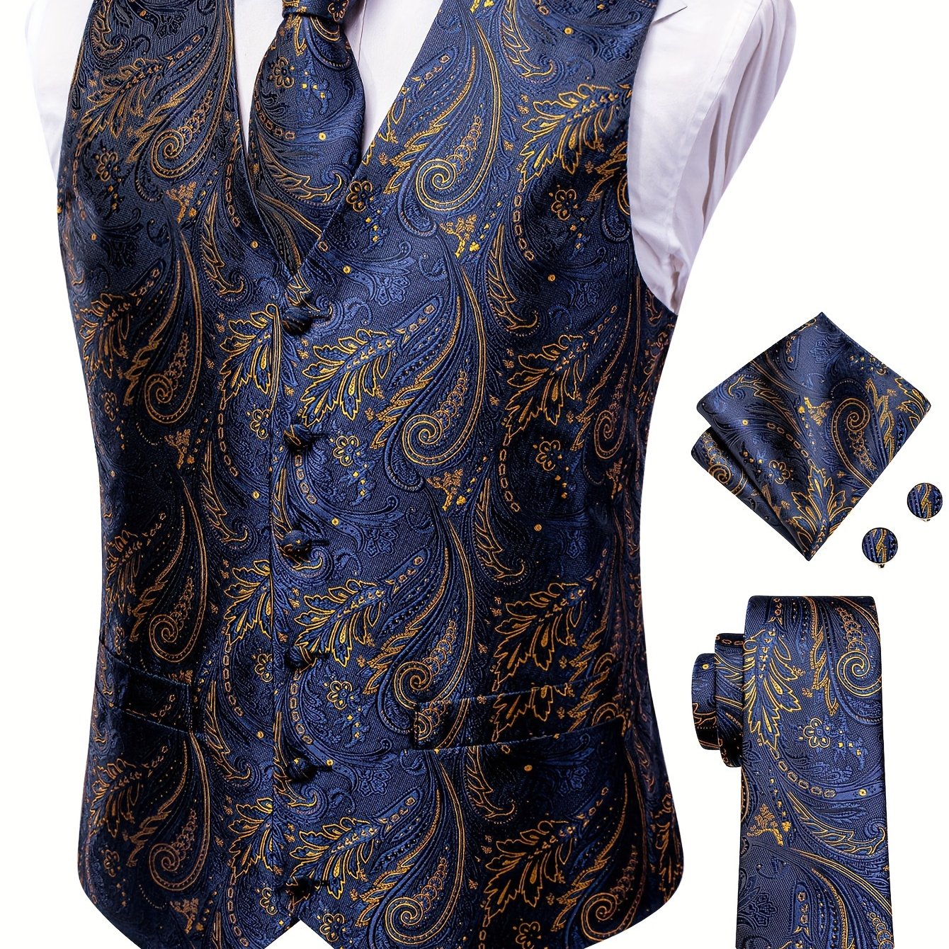 Men's Large Size White Paisley Pattern Accessories Set Waistcoat Necktie Hanky Cufflinks