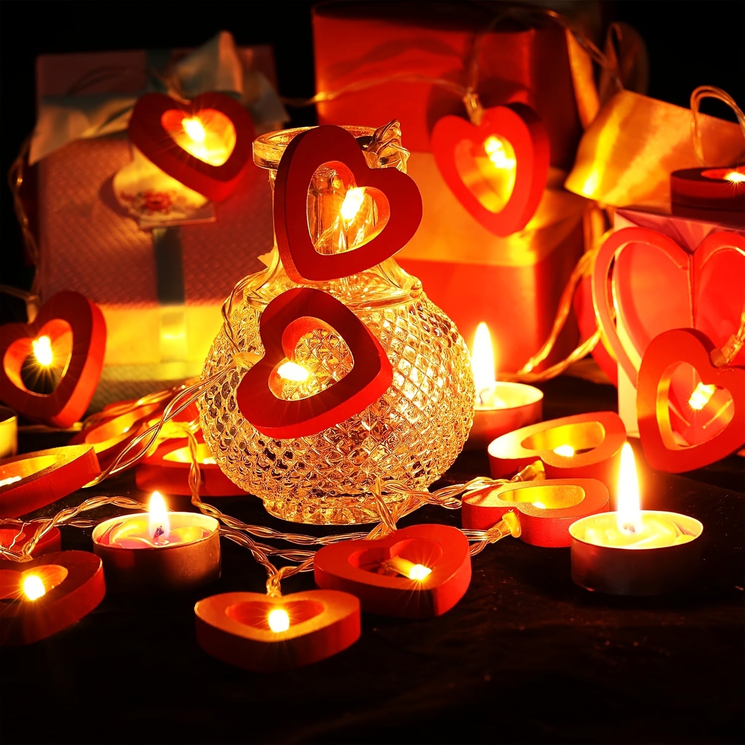 Red Heart LED String Lights Battery-Powered Valentine's Day Decorative Rope Light for Bedroom Living Room Party