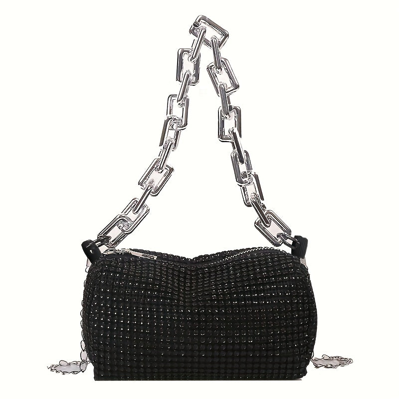 Silver Grey Glitter Evening Bag with Chain Strap and Zipper Closure
