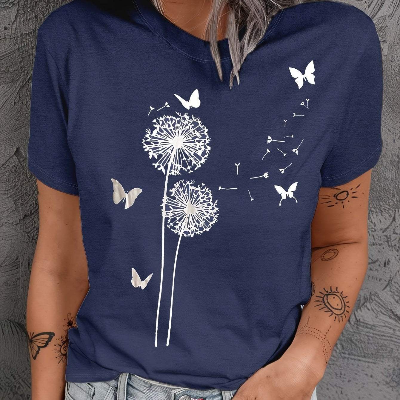Plus Size Dandelion Print Crew Neck T-Shirt Casual Short Sleeve Spring Summer Women