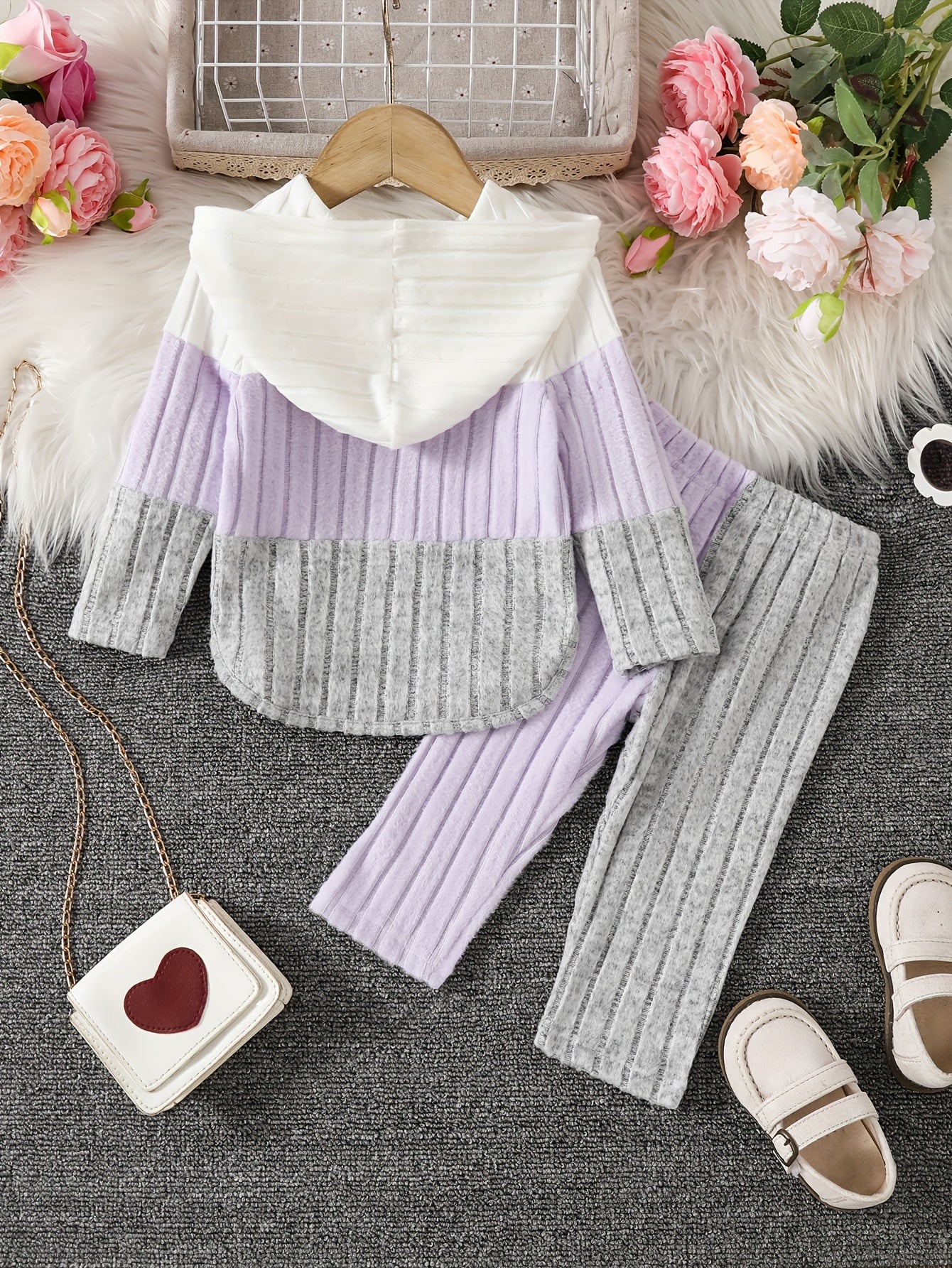 Girls' Hoodie and Pants Set in Blue and Gray with Long Sleeves and Stretchy Polyester Blend for Autumn and Winter