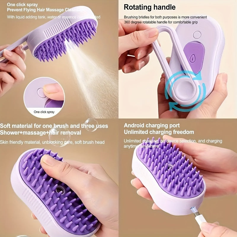 USB Rechargeable Steam Pet Grooming Brush with Silicone Bristles for Long and Short Hair