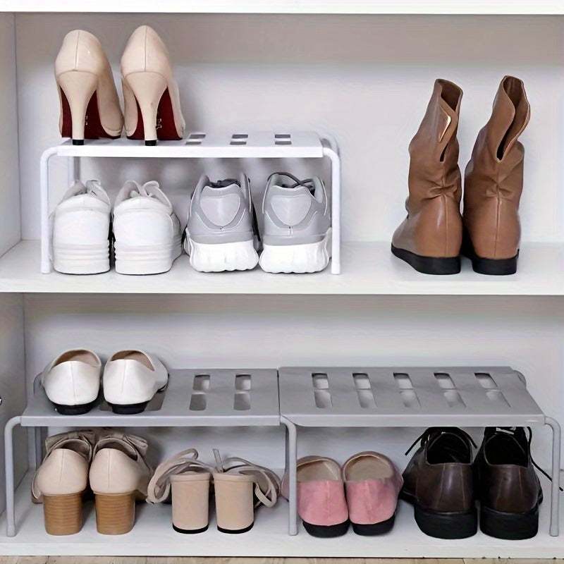 Adjustable Plastic Shoe Rack Organizer for Home Closet Space-Saving Multi-Tier Storage in White and Gray