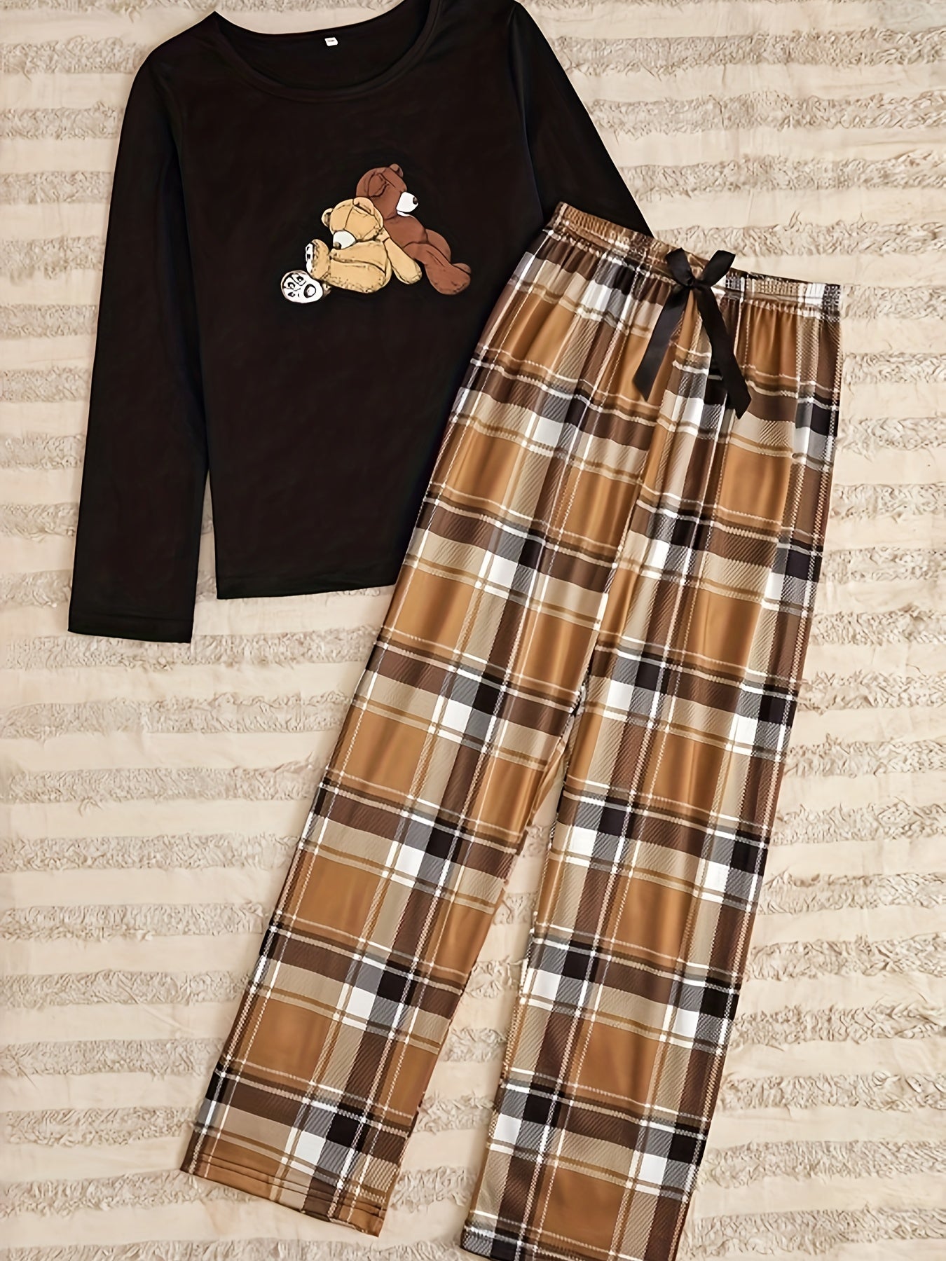 Women's Teddy Bear Print Pajama Set Long Sleeve Top and Plaid Pants Sleepwear