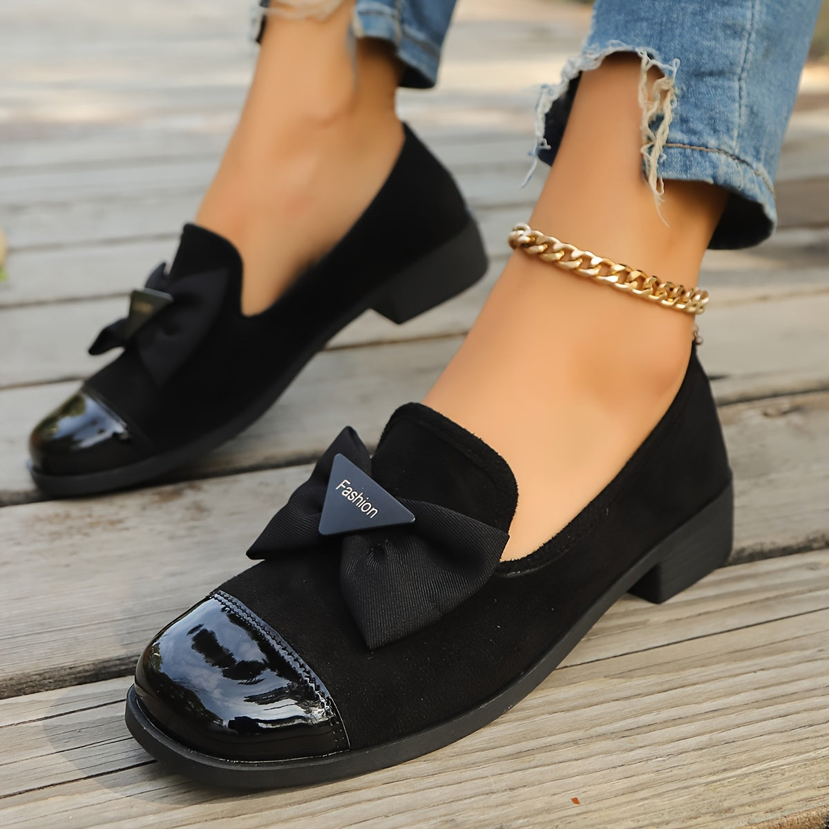 Women's Casual Loafers with Bow Square Toe Slip-On Shoes Breathable Fabric