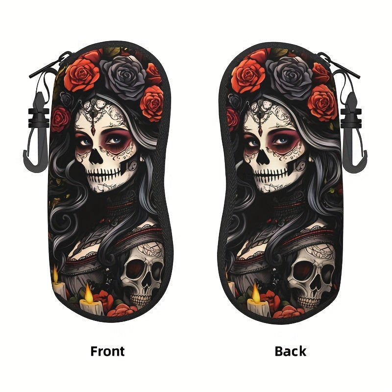 Ultra-Light Sugar Skull Glasses Case with Zipper Durable Rubber Eyewear Protector for Men and Women