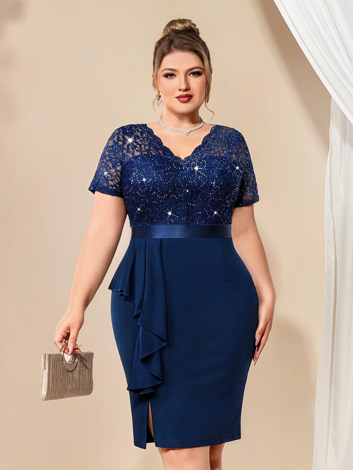 Plus Size Women's Sequin Lace Ruffle V-Neck Bodycon Dress Cocktail Party
