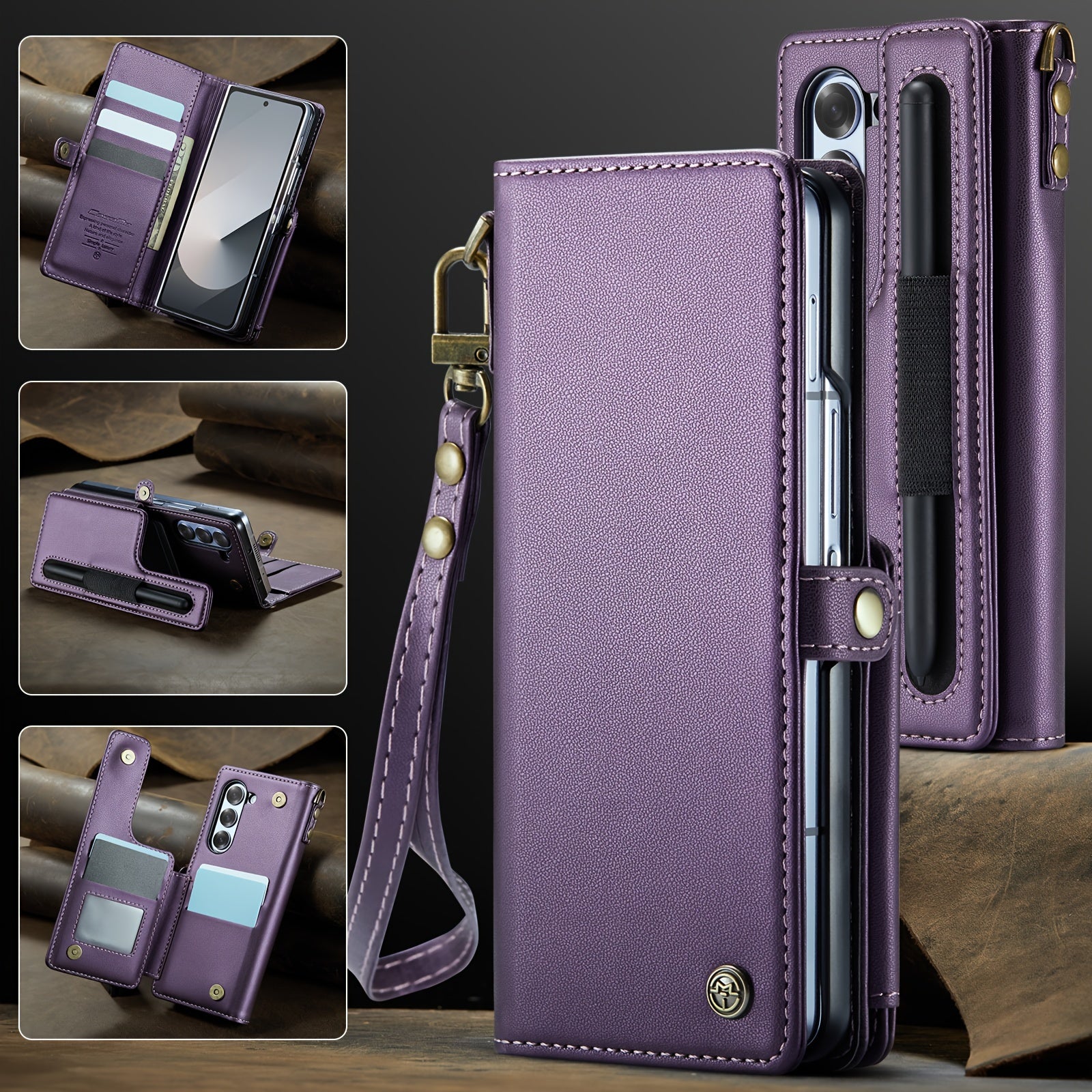 Galaxy Z Fold 6 Faux Leather Wallet Case with RFID Blocking Holder Pen Slot Wrist Strap