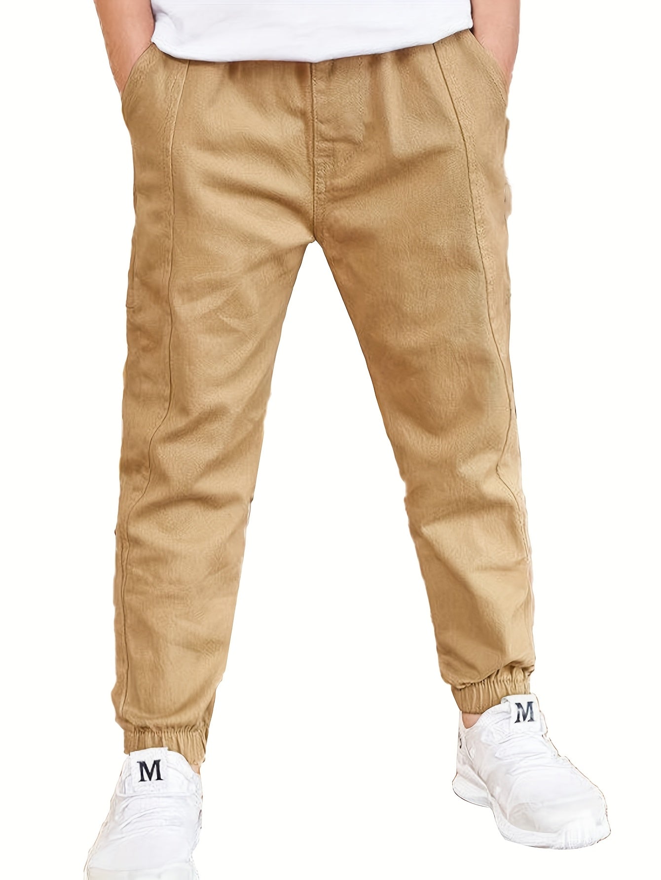 Kids Boys Slim Fit Khaki Cargo Pants Cotton Blend Elastic Waist Casual All-Season