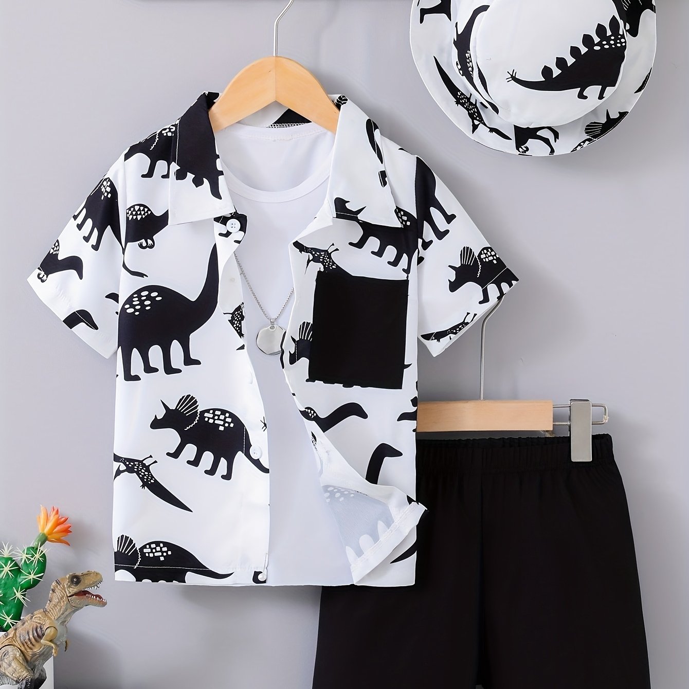 Kids Boys Summer Dinosaur 3-Piece Set Shirt Hat Shorts Casual Vacation Outdoor