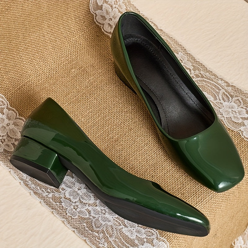 Women's Green Square Toe Mary Jane Pumps Breathable Synthetic Low Block Heel Dress Shoes