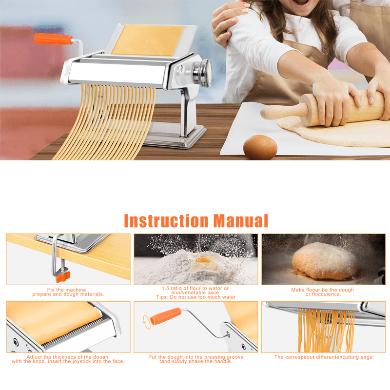 Stainless Steel Pasta Maker with 6 Adjustable Thickness Settings and Hand Crank