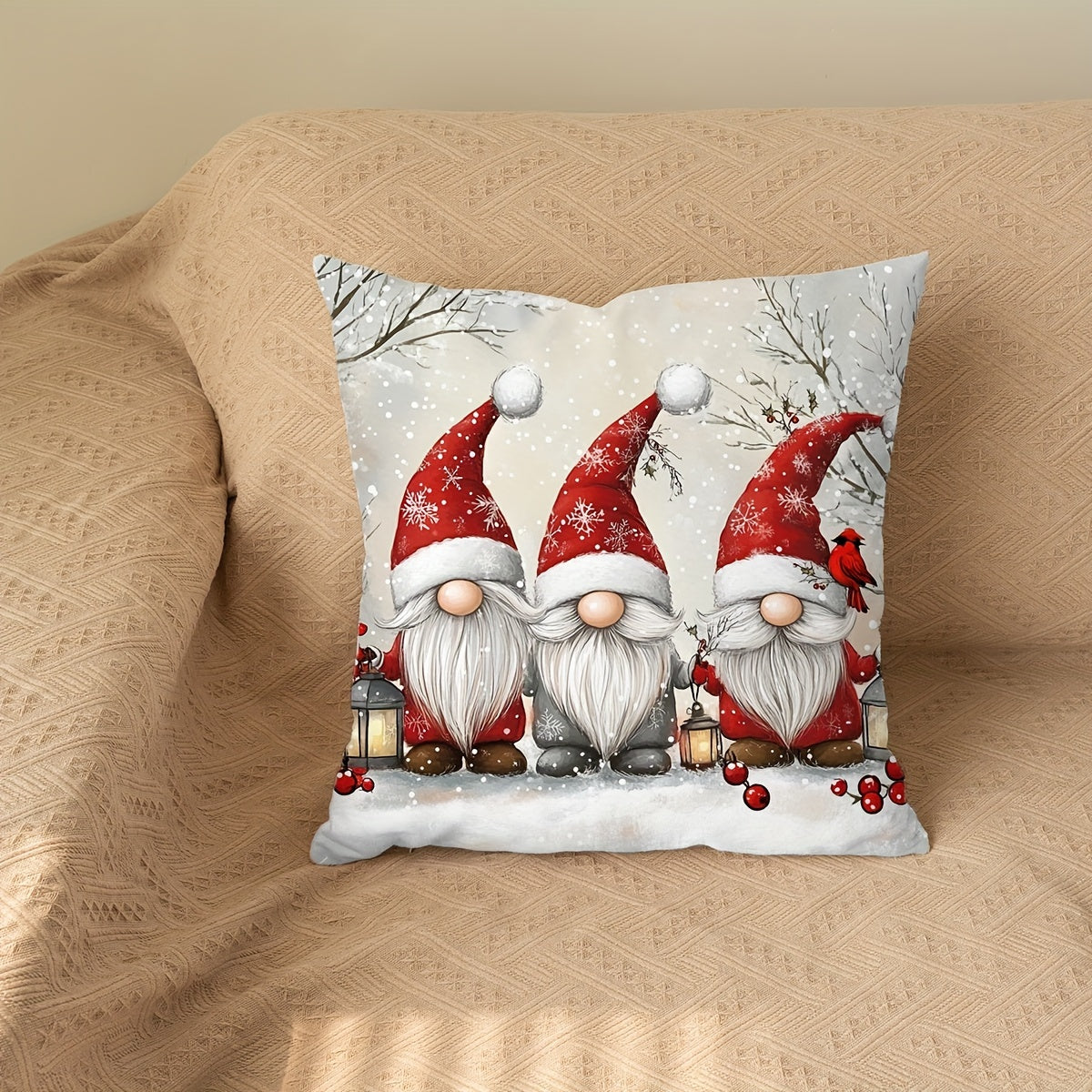 Christmas Gnome Pillowcase Soft Polyester 44.96cm x 44.96cm Snowy Landscape Red Berries Decor
