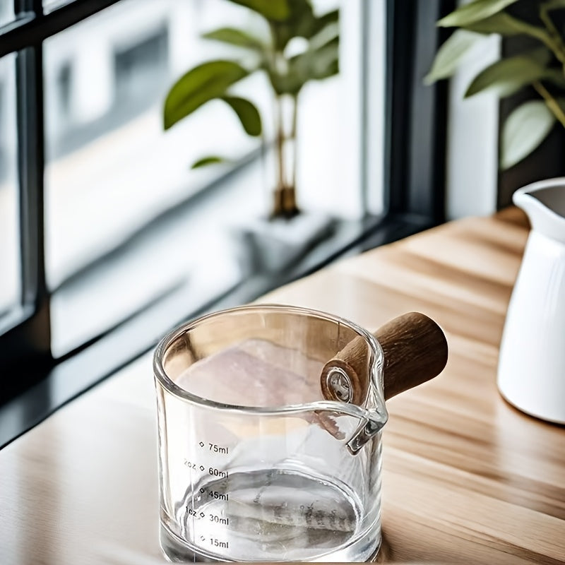 Glass Milk Jug with Wooden Handle Heat-Resistant Measuring Cup for Coffee and Spices