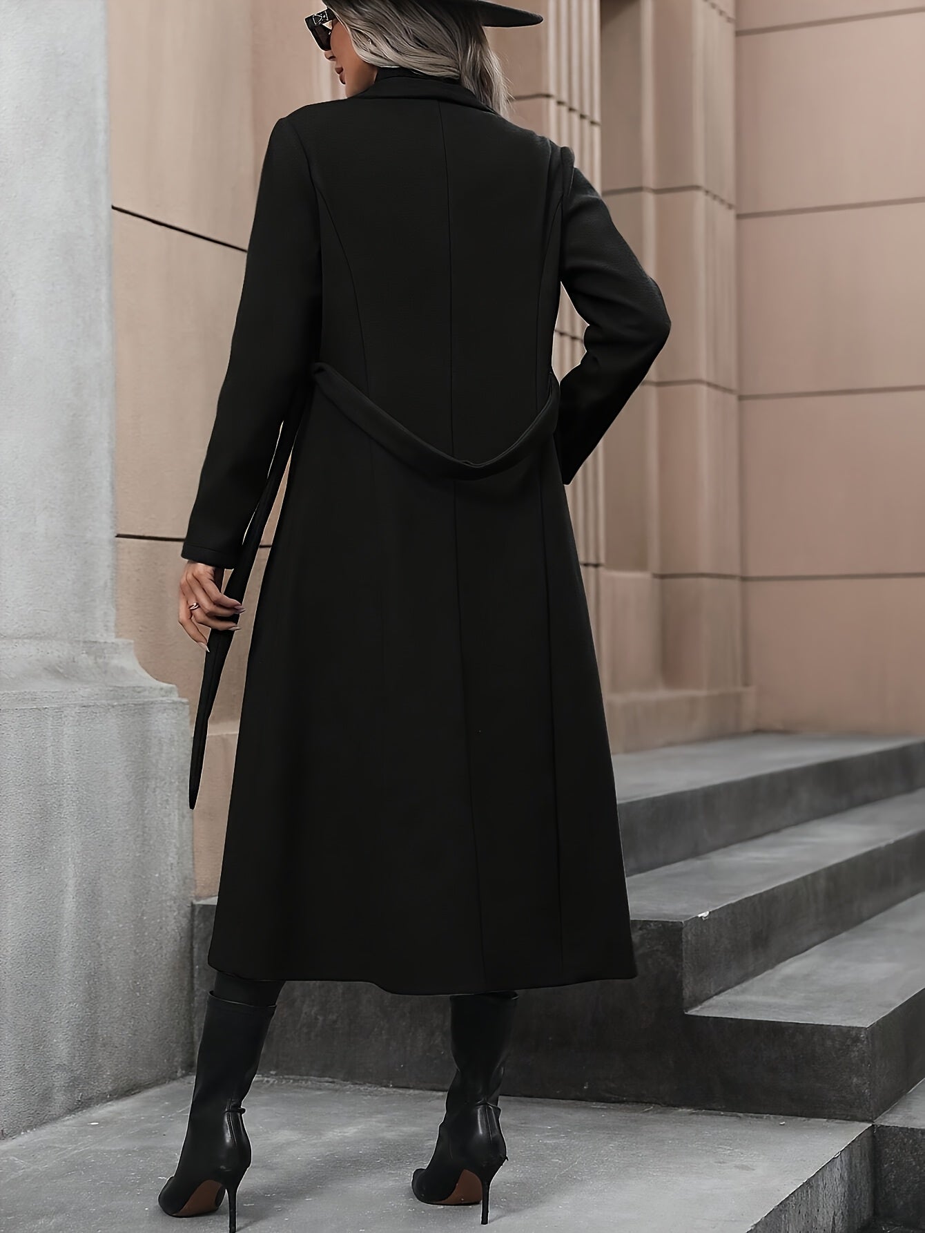 Women's Black Polyester Trench Coat with Belt for Fall Winter Outerwear