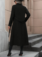 Women's Black Polyester Trench Coat with Belt for Fall Winter Outerwear