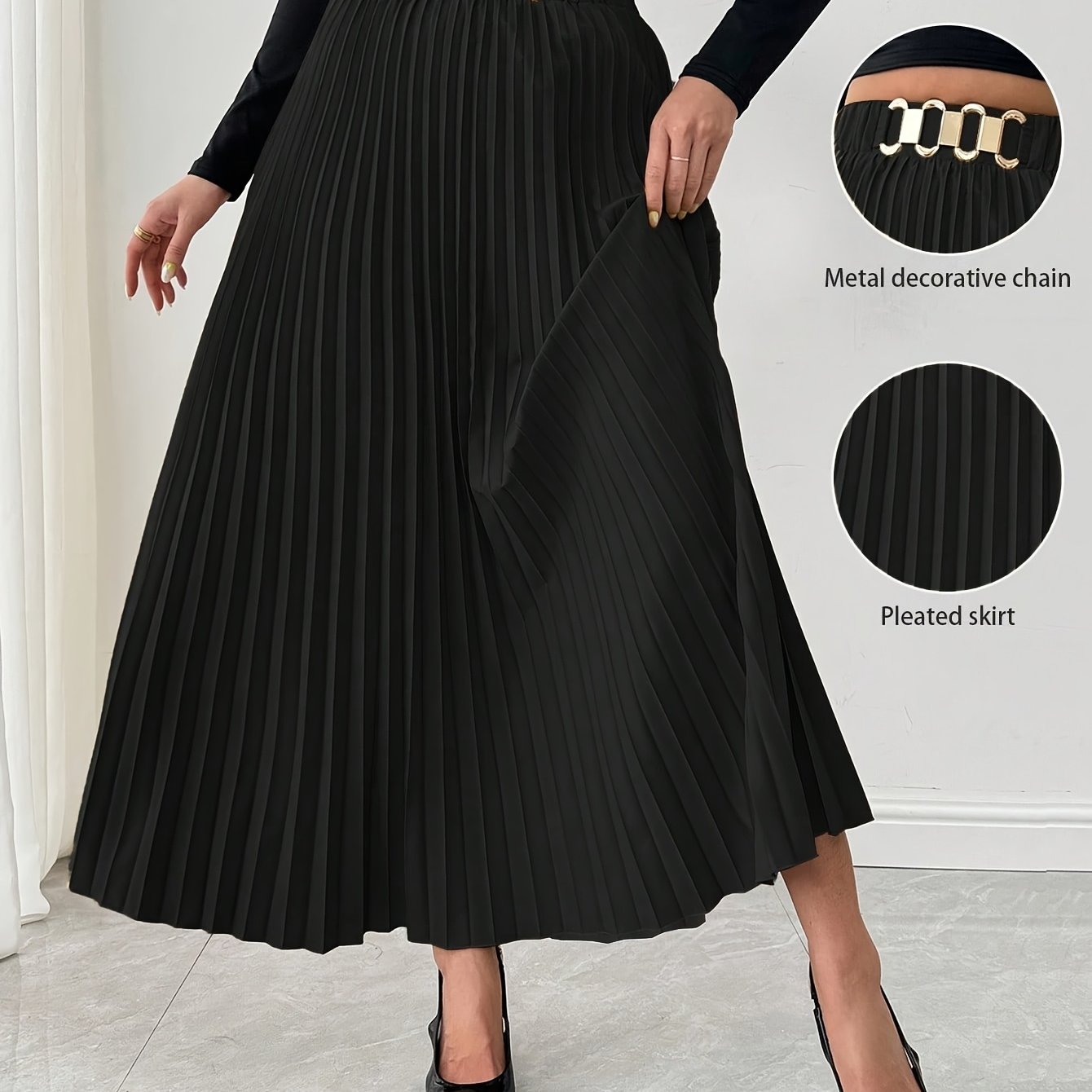 Women's Black Pleated Midi Skirt with Chain Detail and Loose Fit