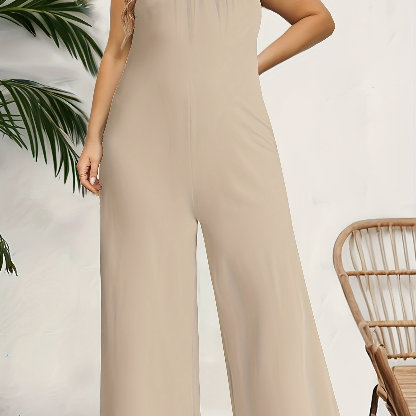 Women's Solid Color Jumpsuit with Tie Waist Polyester Spandex Knit