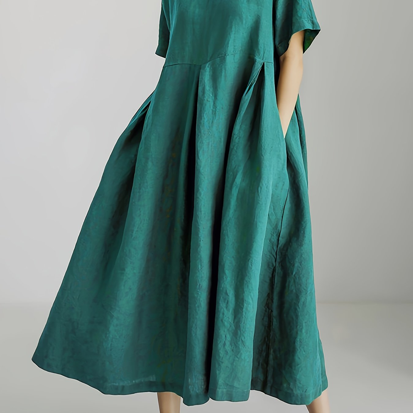 Women's Linen Blend Midi Dress with Oversized Flowy Skirt Short Sleeve Spring Summer