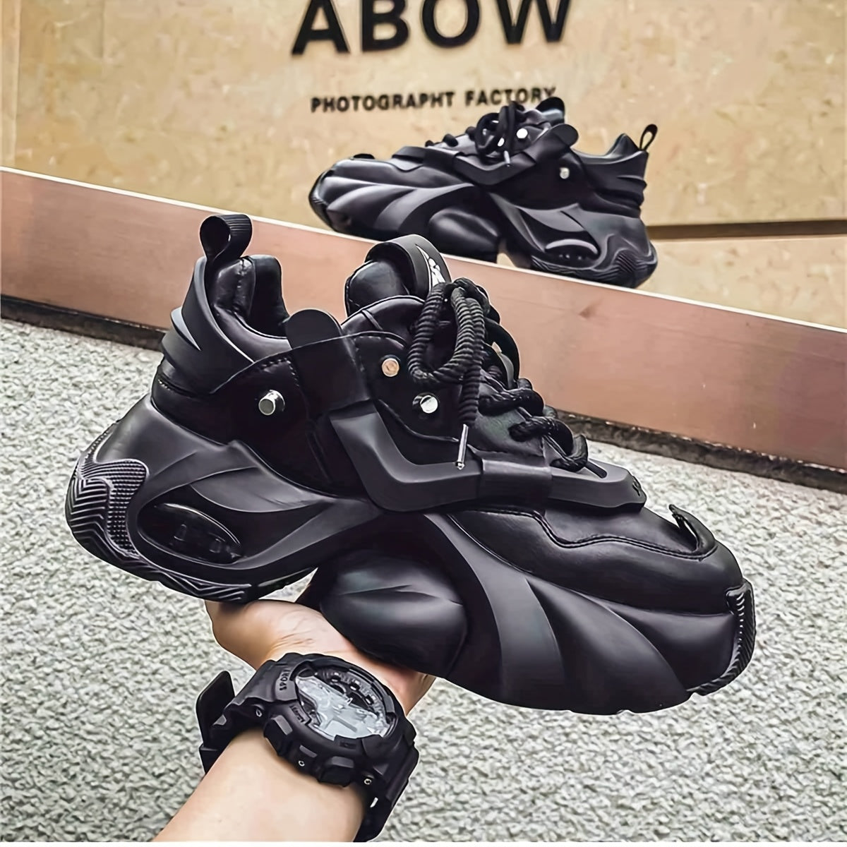 Men's Black Chunky Sneakers with Braided Laces Rubber Sole EVA Insole Casual Athletic