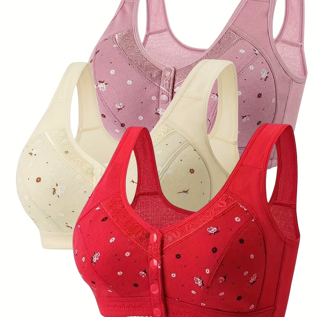 Women's Floral Print Wireless Bra Set with Front Buttons and Adjustable Straps