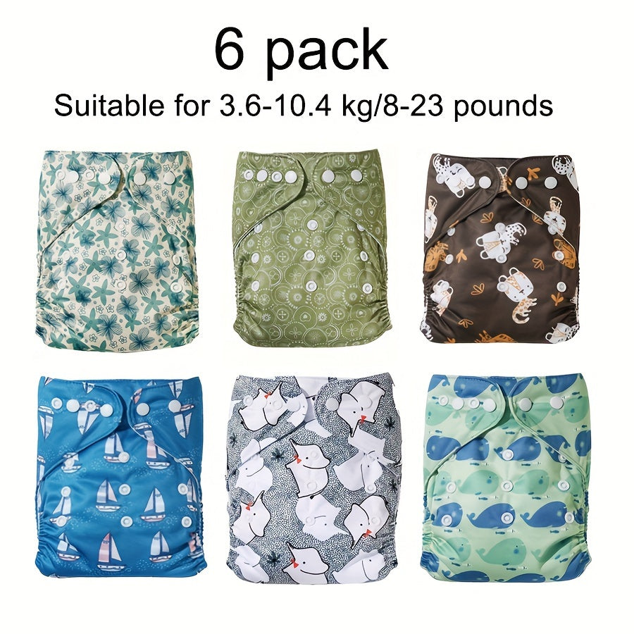 6-Pack Reusable Cloth Diapers for Babies Adjustable Washable Polyester Covers Variety of Patterns