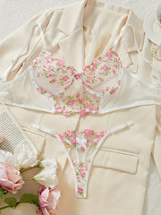 Women's Lace Satin Lingerie Set with Adjustable Straps and Floral Design