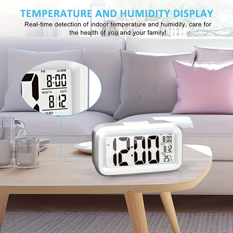 Digital Alarm Clock with LCD Display Indoor Temperature Date Light Sensor Night Light Battery Operated for Bedroom and Home Use