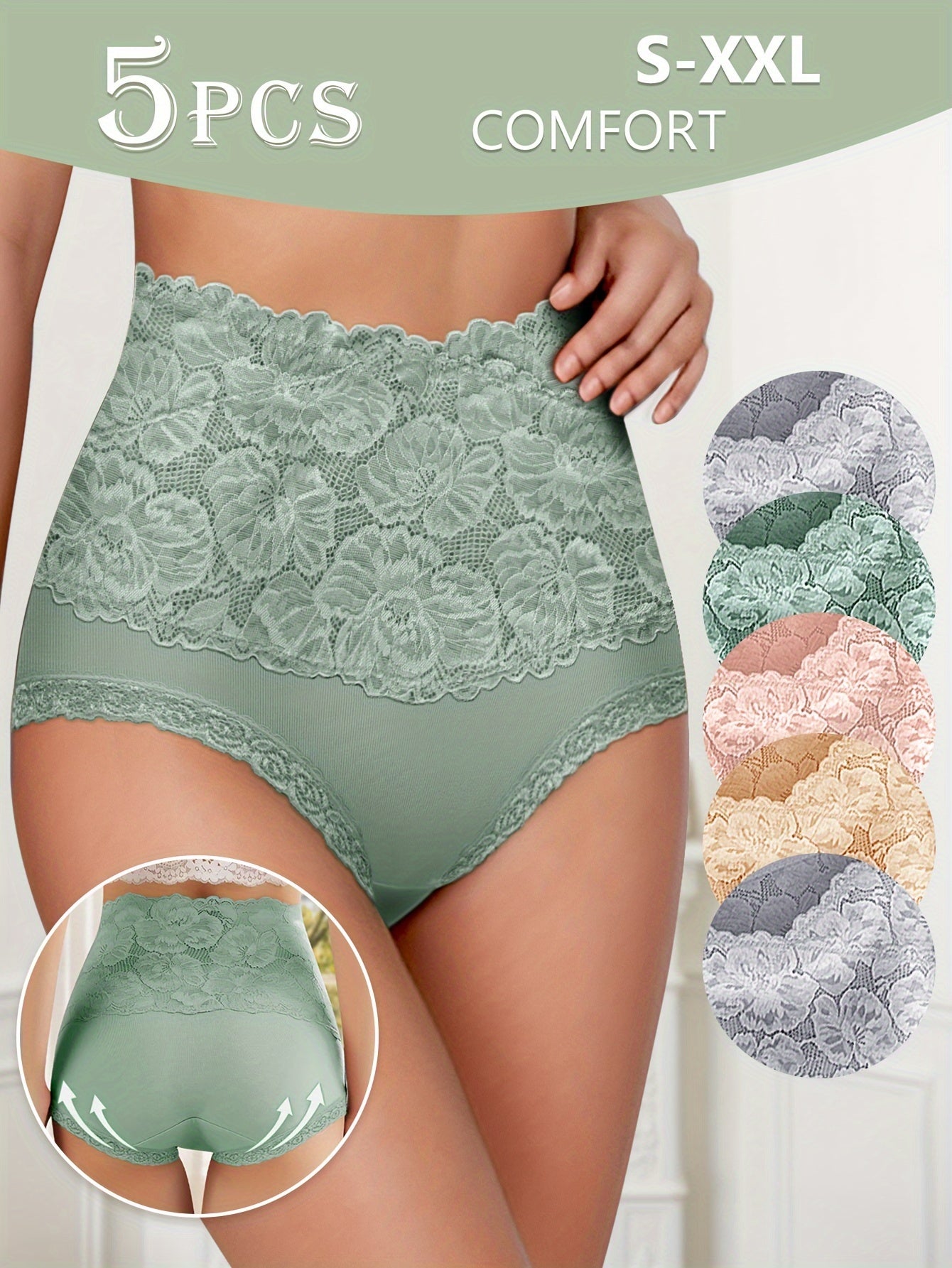 High-Waist Tummy Control Panties for Women Set of 5 Breathable Cotton Blend Green Pastel
