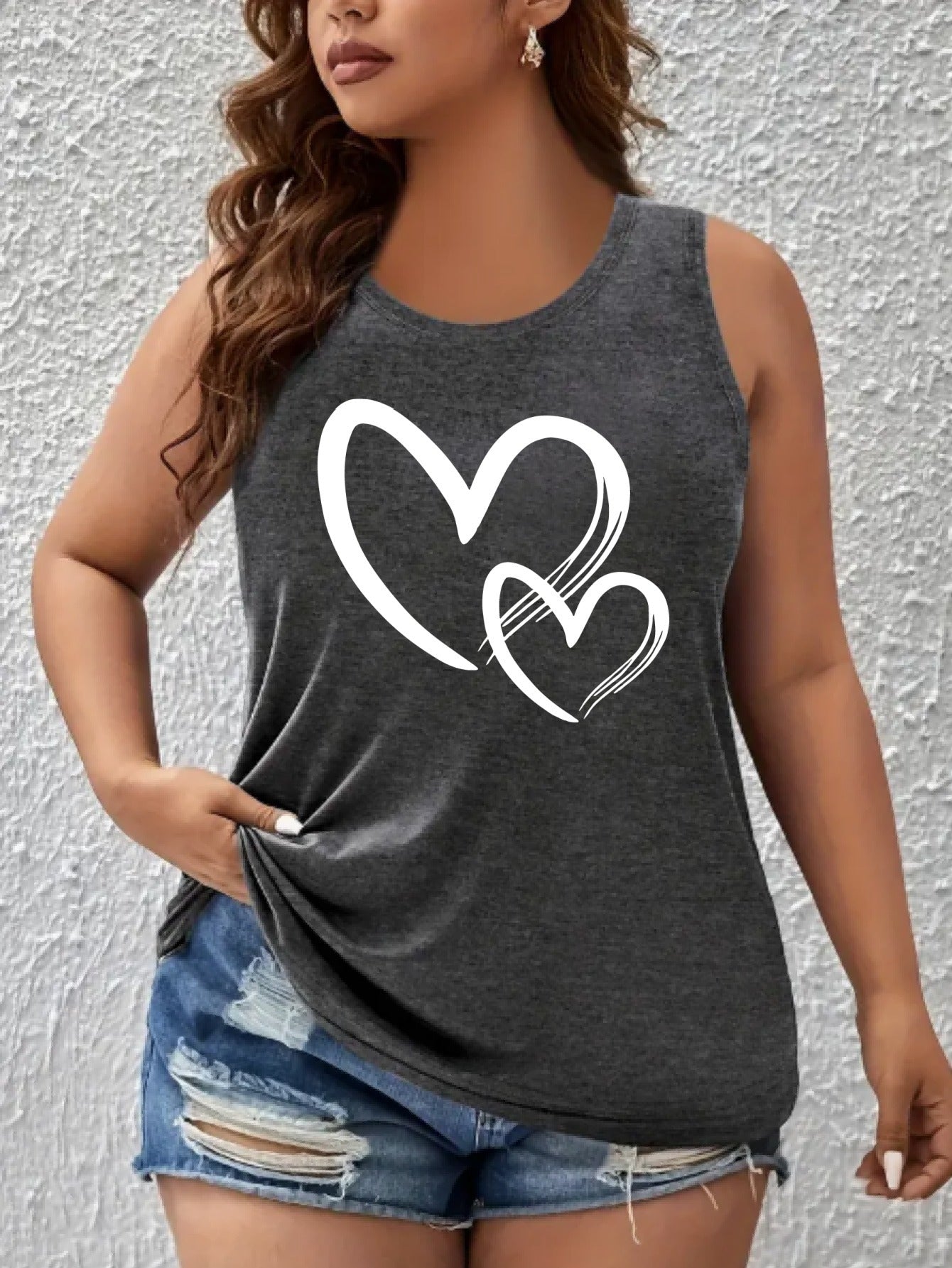 Women Plus Size Heart Graphic Tank Top Black Sleeveless Sporty Breathable Shirt