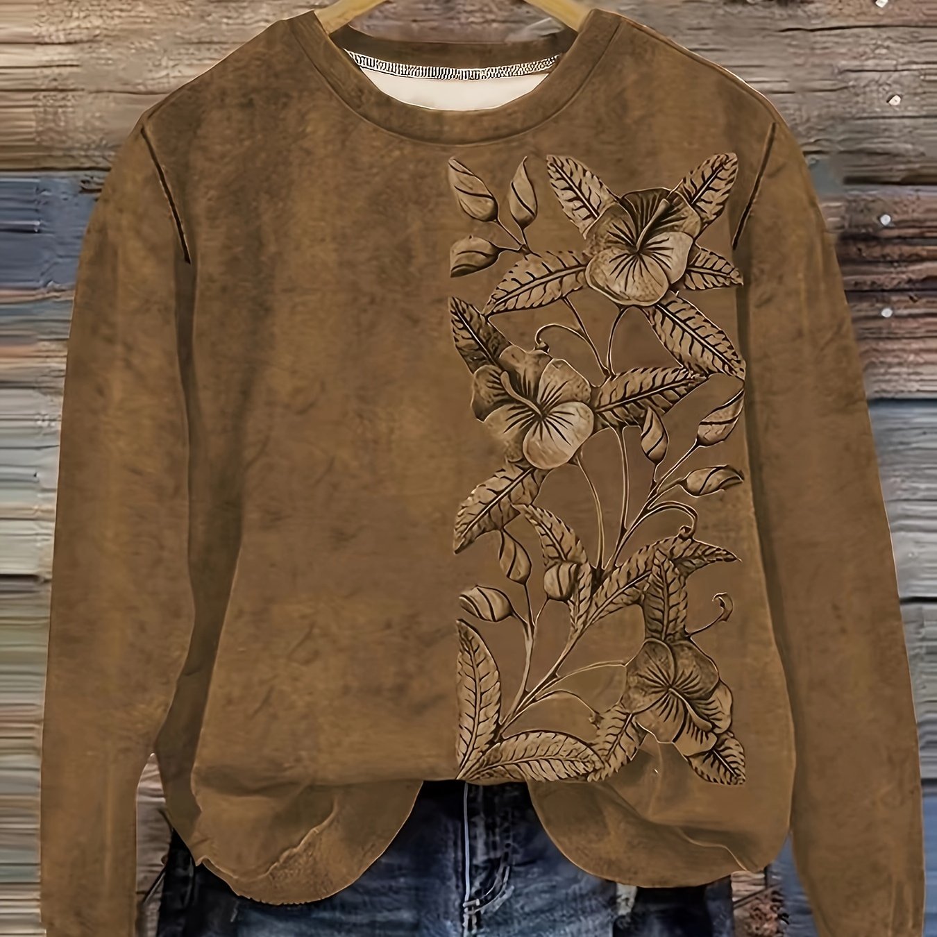 Women's Long Sleeve Sweatshirt Cozy Floral Print Pullover Fall Winter Brown Orange