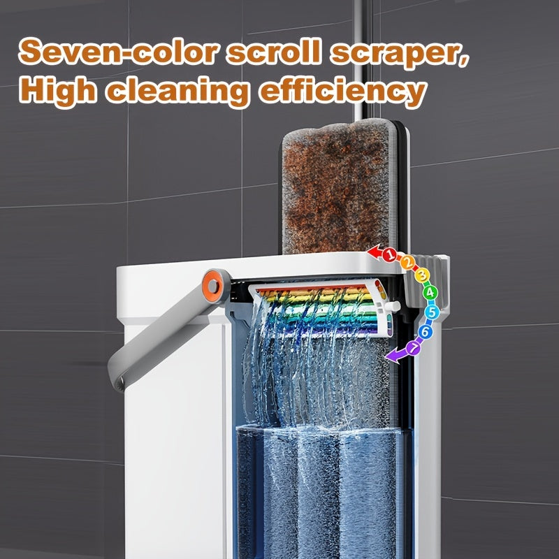 "2 ta mopa pad bilan tekis pol mopu chelak to'plami, qo'l bilan yuvishsiz tekis mop, siqishli tor chelak, tozalash vositalari, yetti rangli mop to'plami."