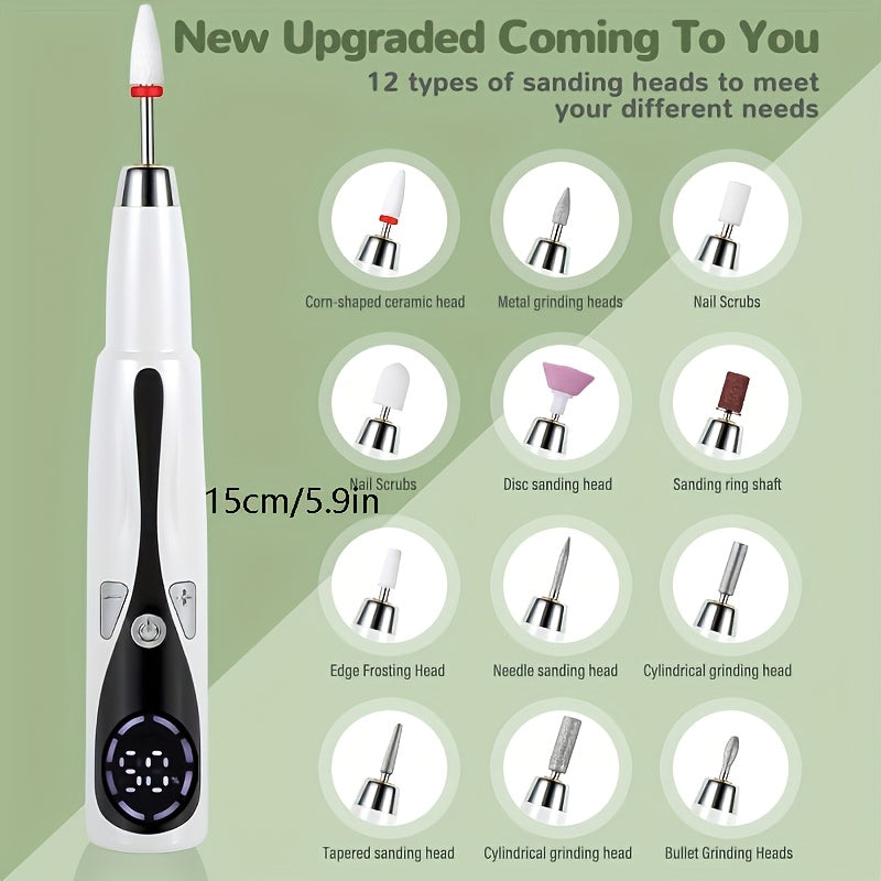 Pulidor de uñas giratorio de alta velocidad portátil con 3 cabezales ajustables y 12 opciones de lijado